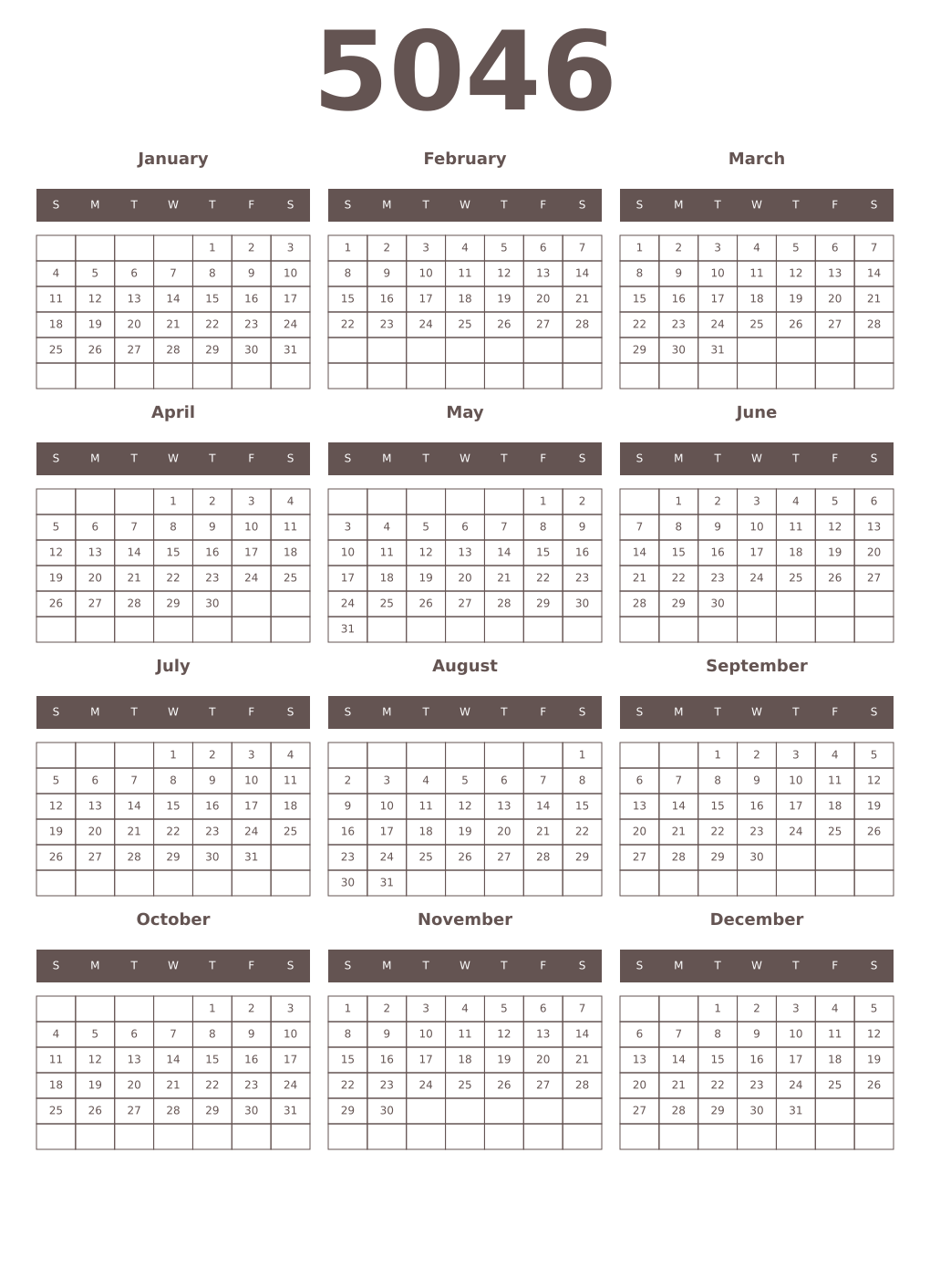 Printable 5046 Year Calendars wenge