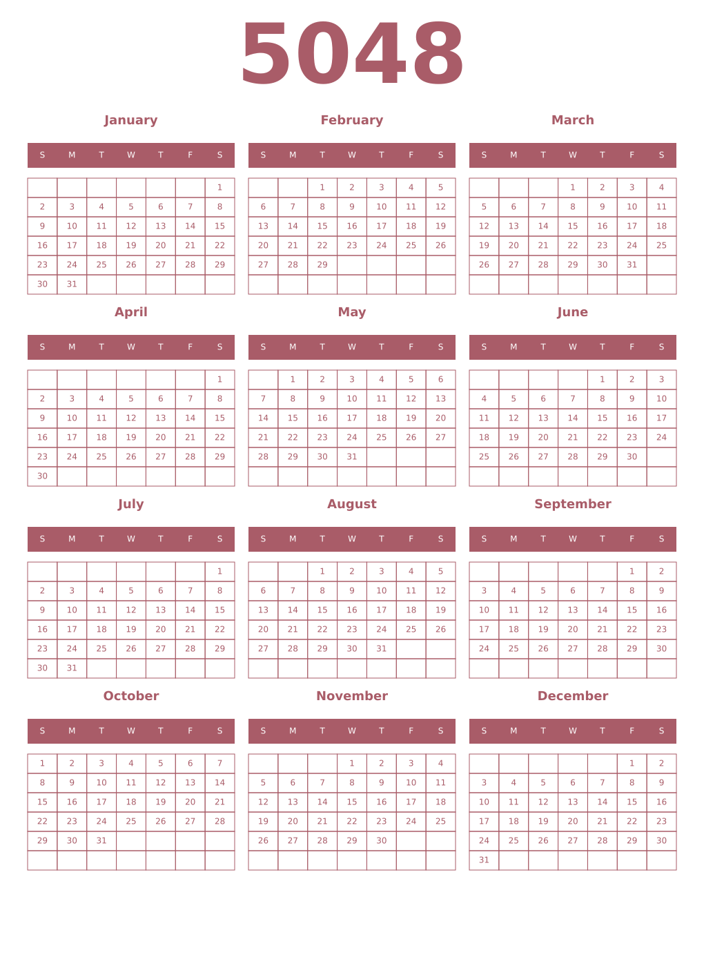Printable 5048 Year Calendars puce