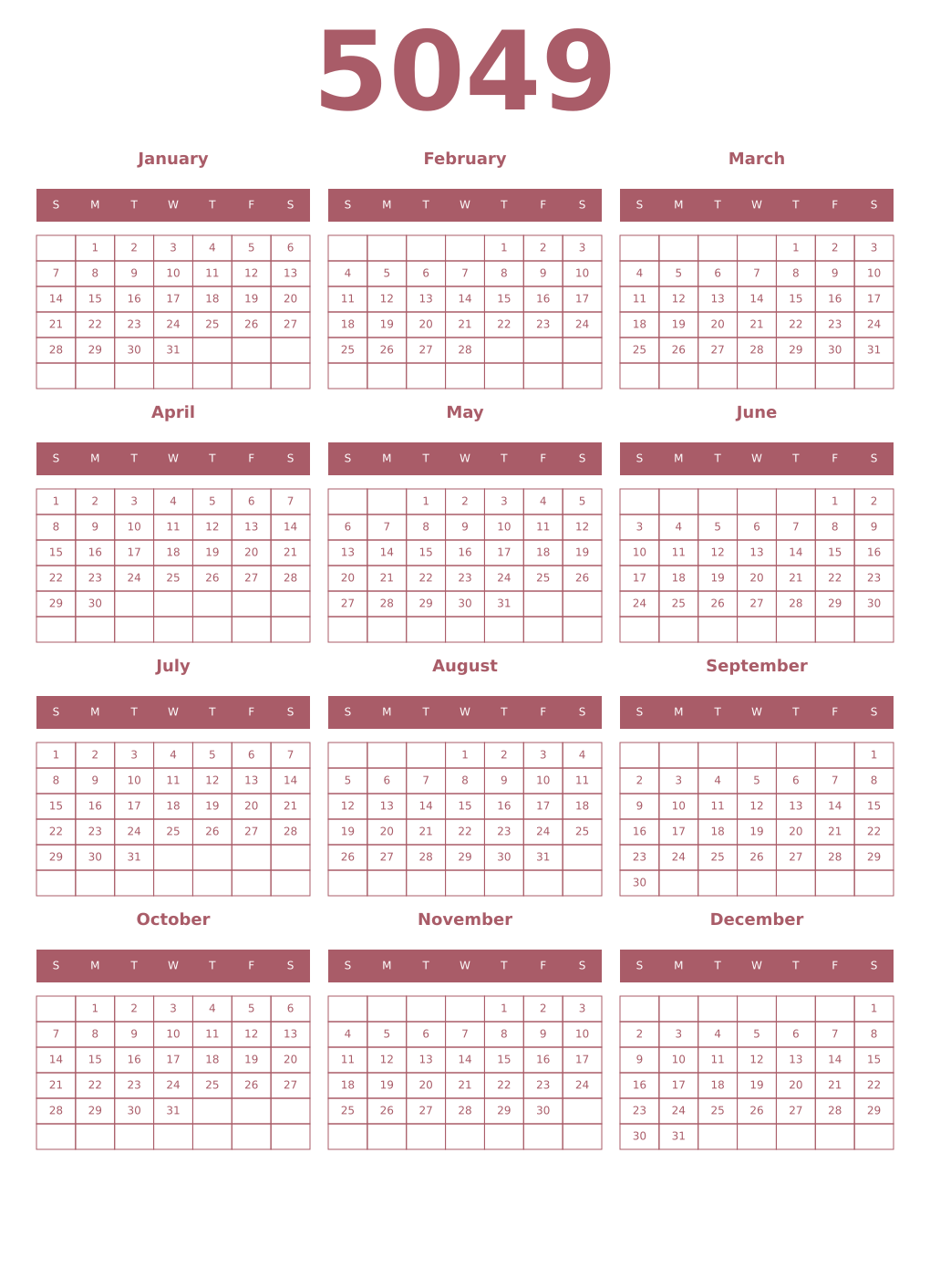 Printable 5049 Year Calendars puce