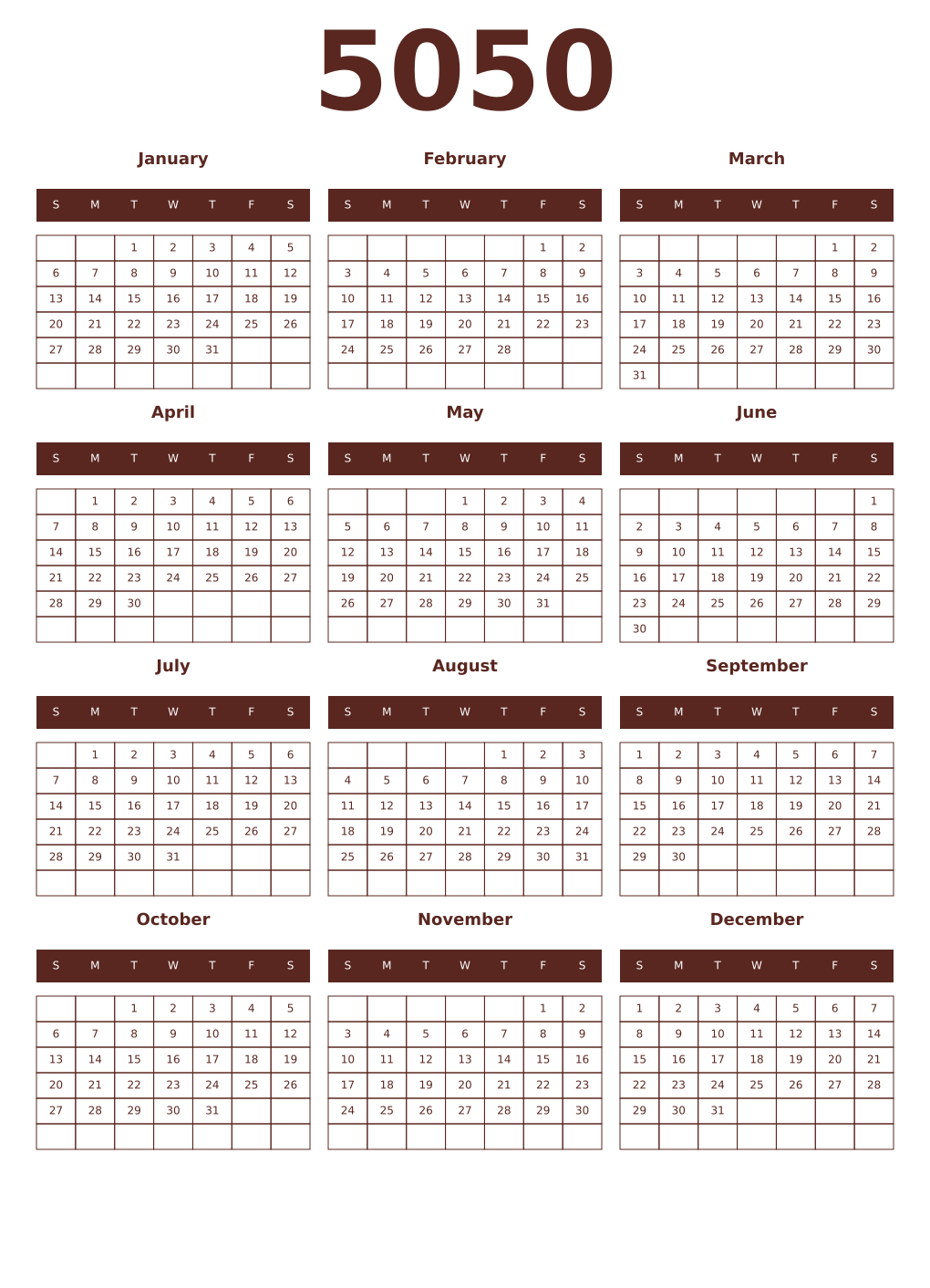 Printable 5050 Year Calendars mortuum