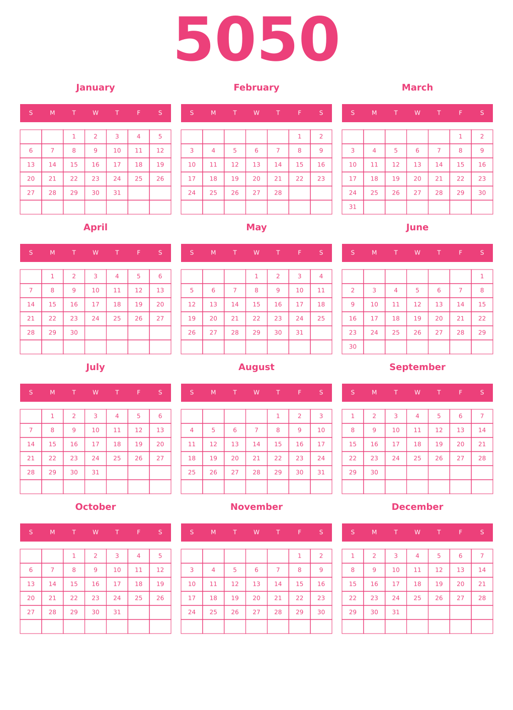 Printable 5050 Year Calendars pink