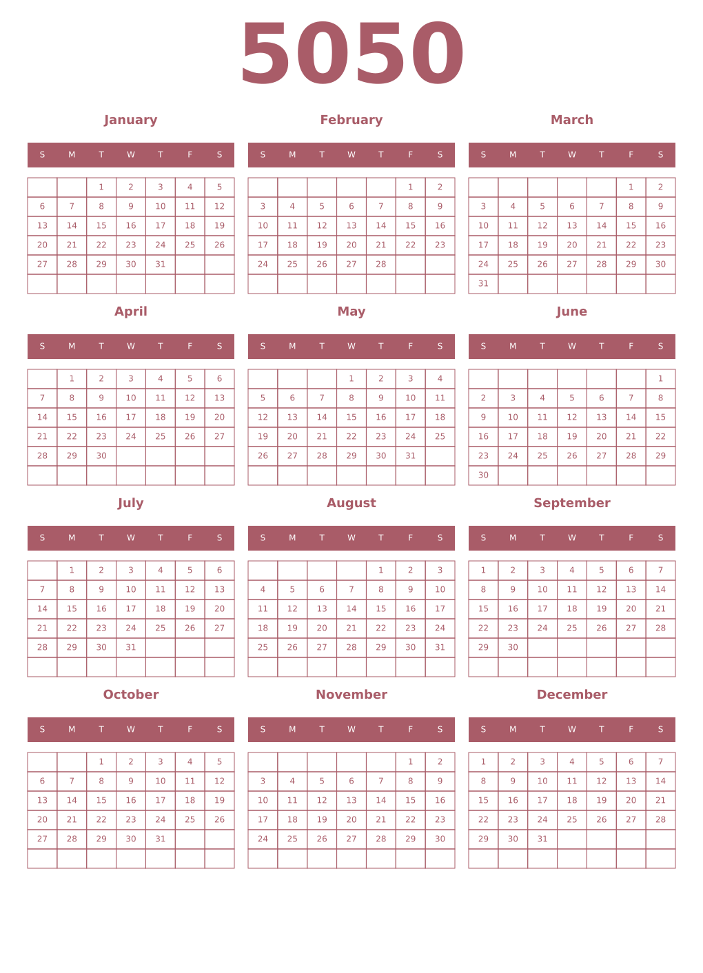 Printable 5050 Year Calendars puce