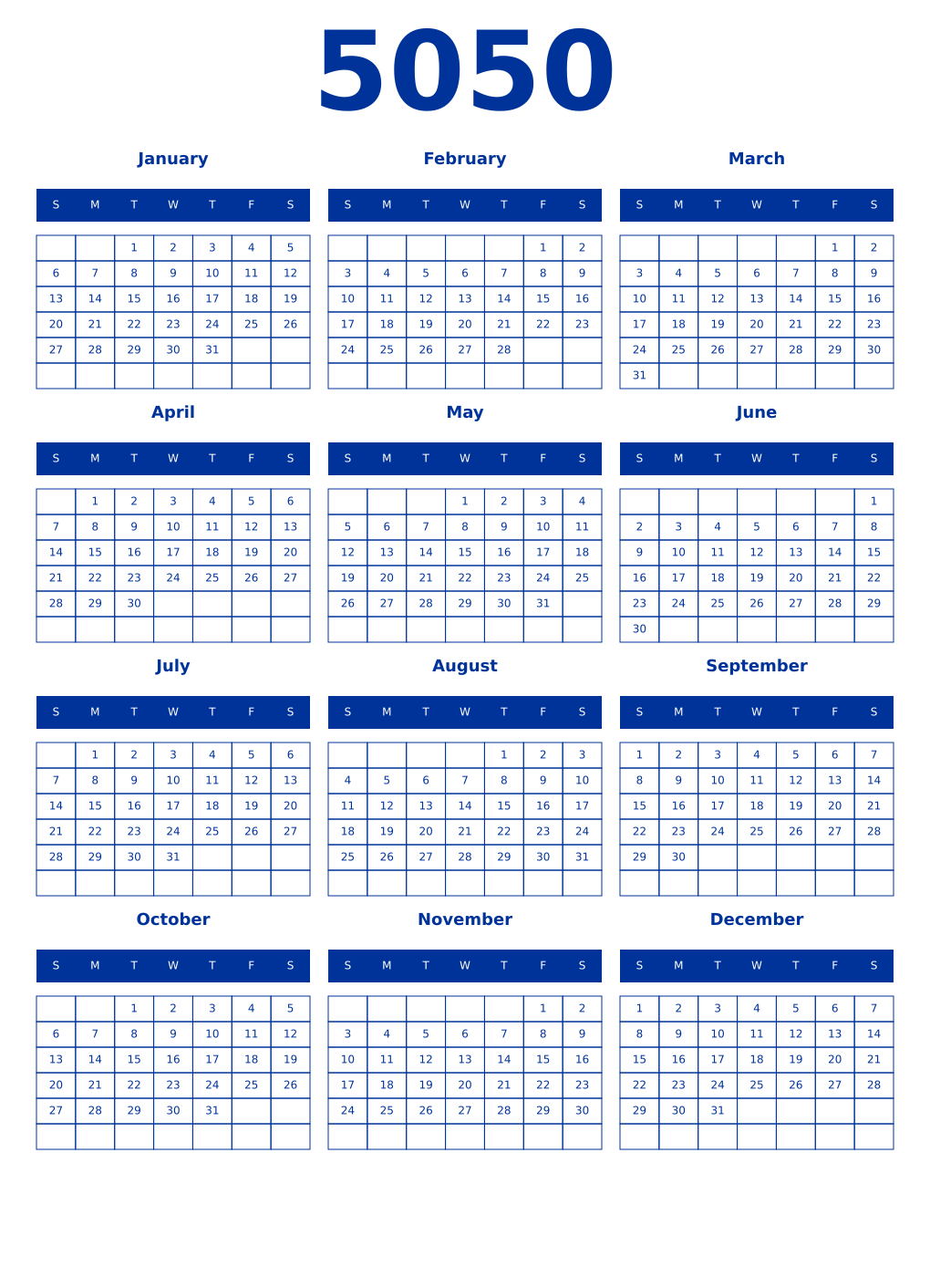 Printable 5050 Year Calendars smalt