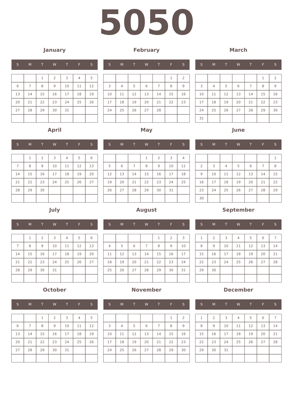 Printable 5050 Year Calendars wenge