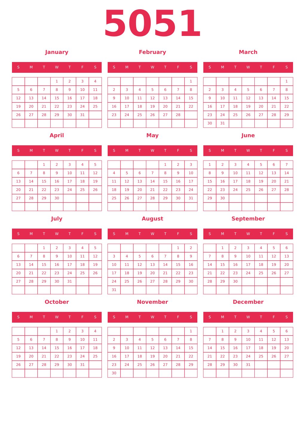 Printable 5051 Year Calendars amaranth