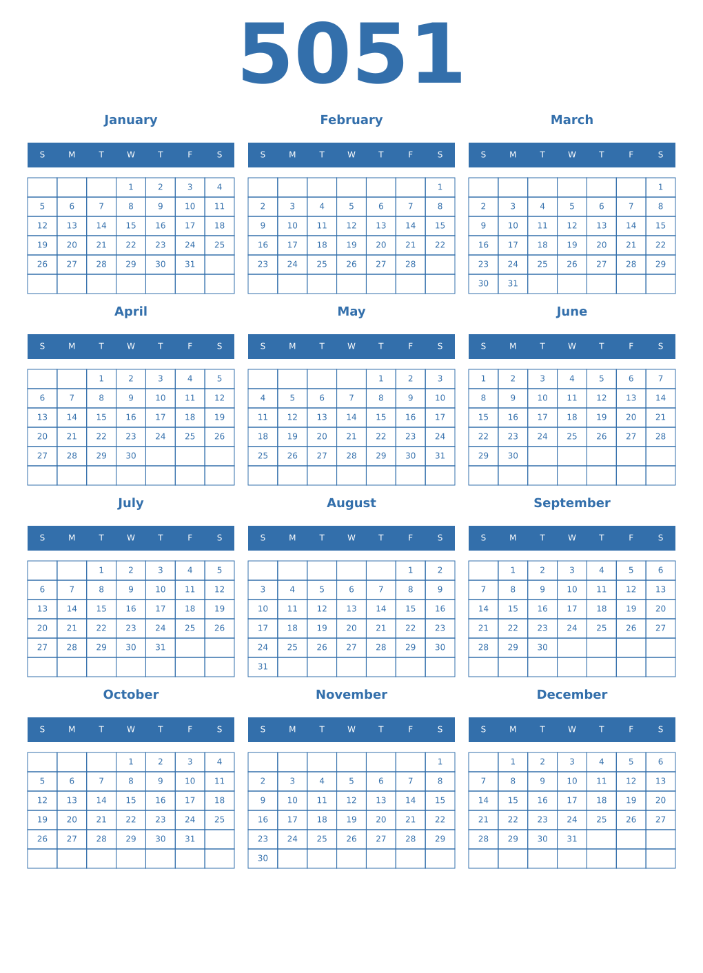 Printable 5051 Year Calendars blue