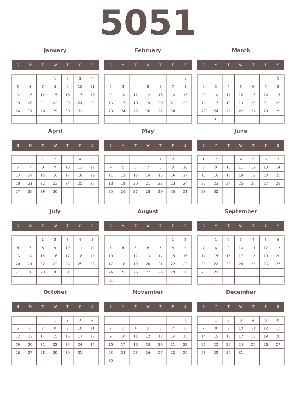 Printable 5051 Year Calendars wenge