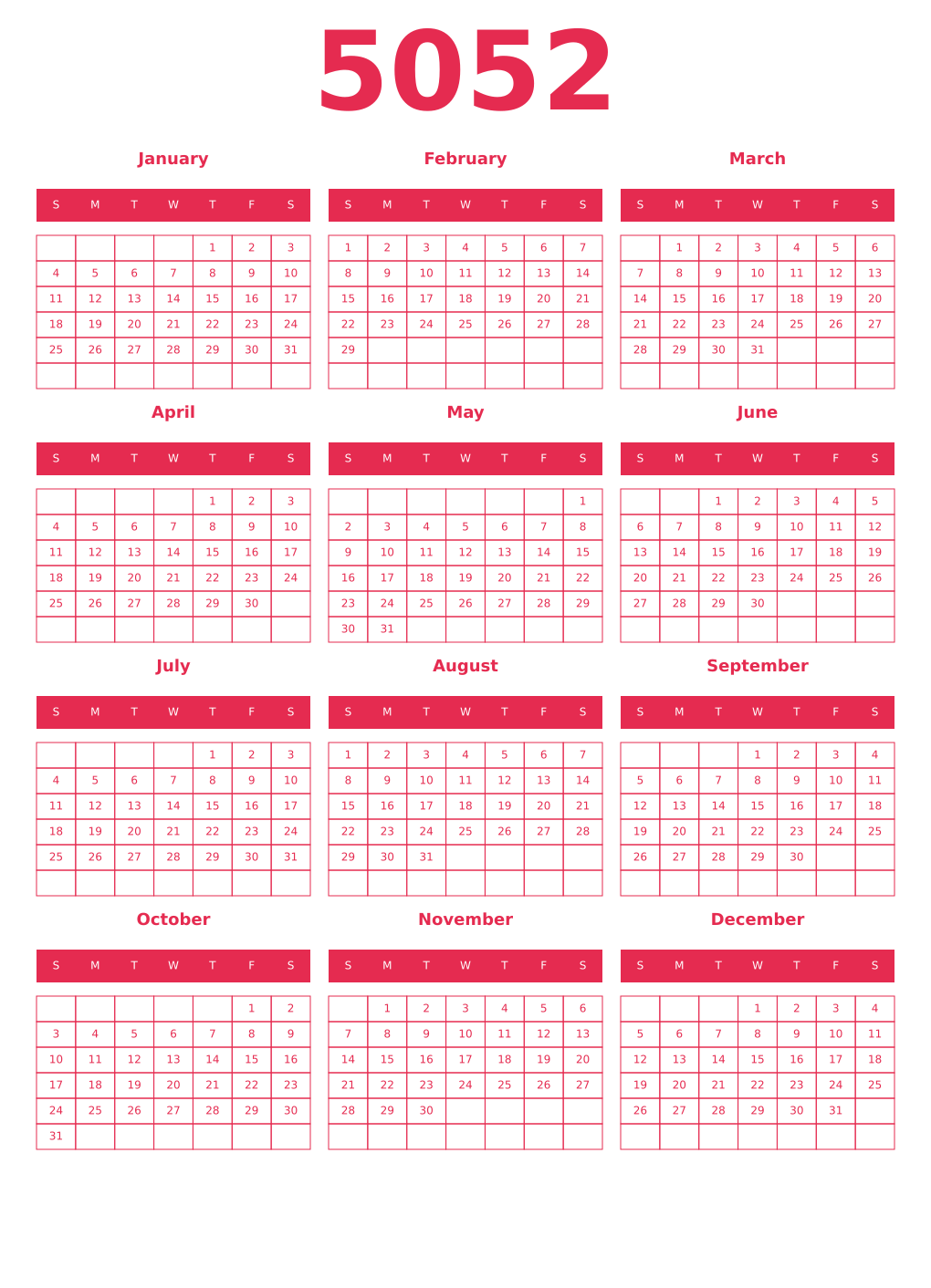 Printable 5052 Year Calendars amaranth