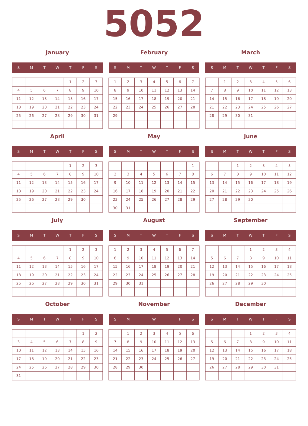 Printable 5052 Year Calendars cordovan