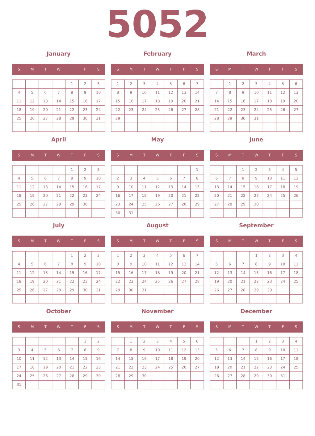 Printable 5052 Year Calendars puce