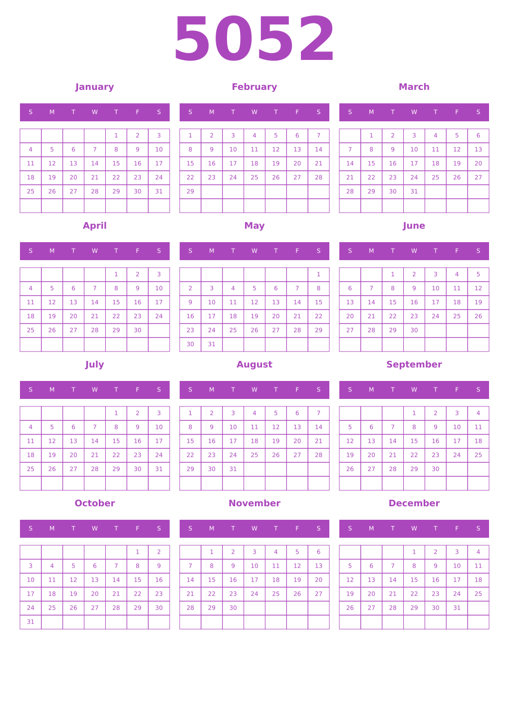Printable 5052 Year Calendars purple