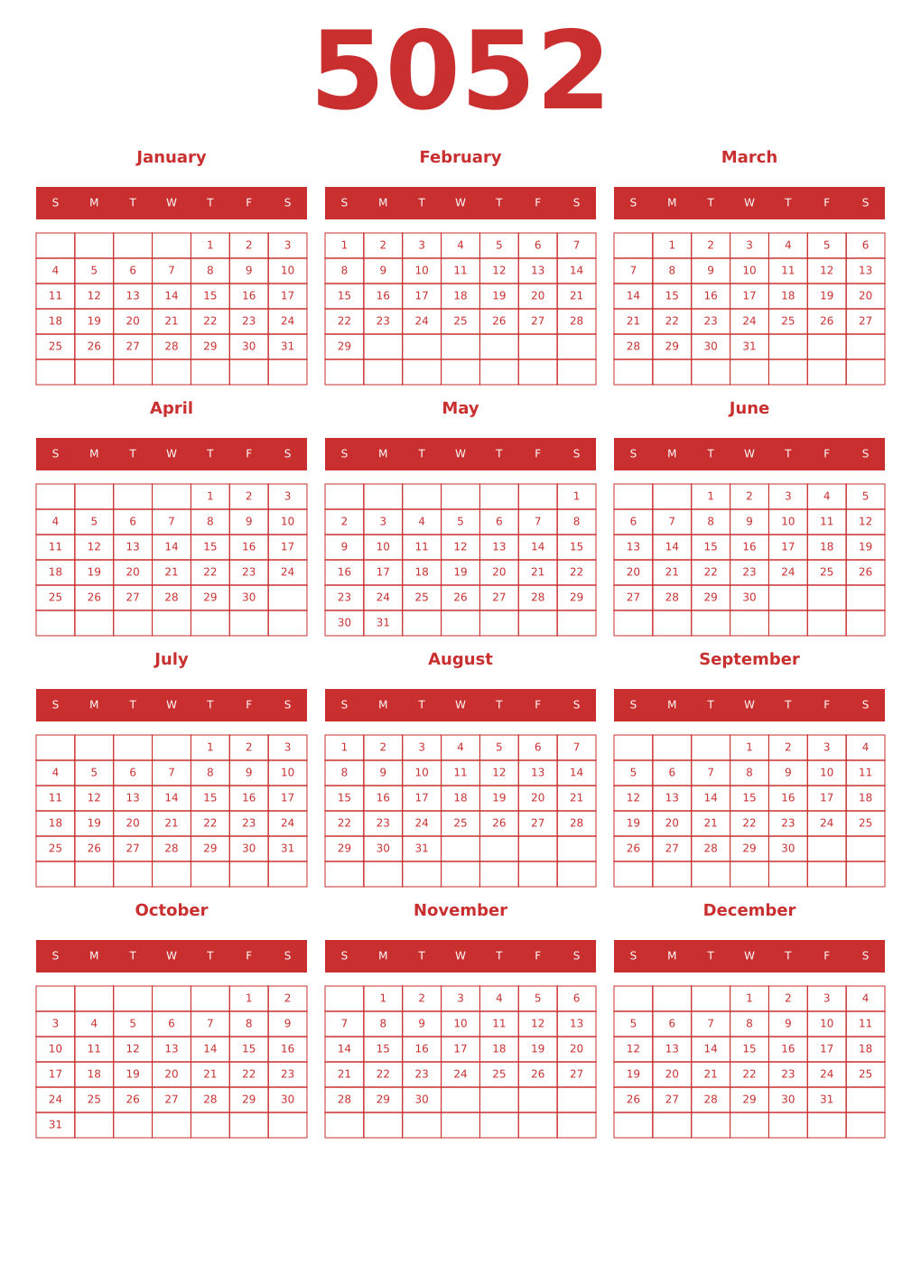 Printable 5052 Year Calendars red