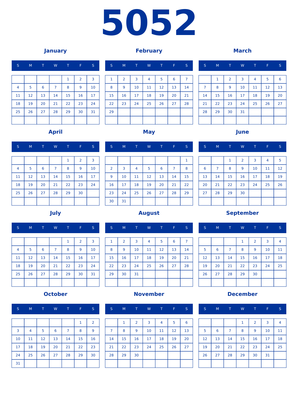 Printable 5052 Year Calendars smalt