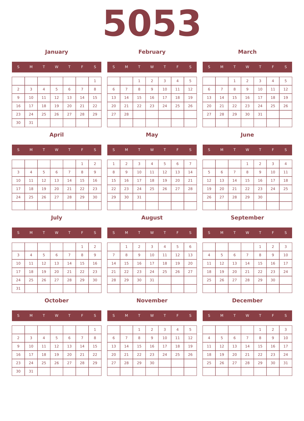 Printable 5053 Year Calendars cordovan
