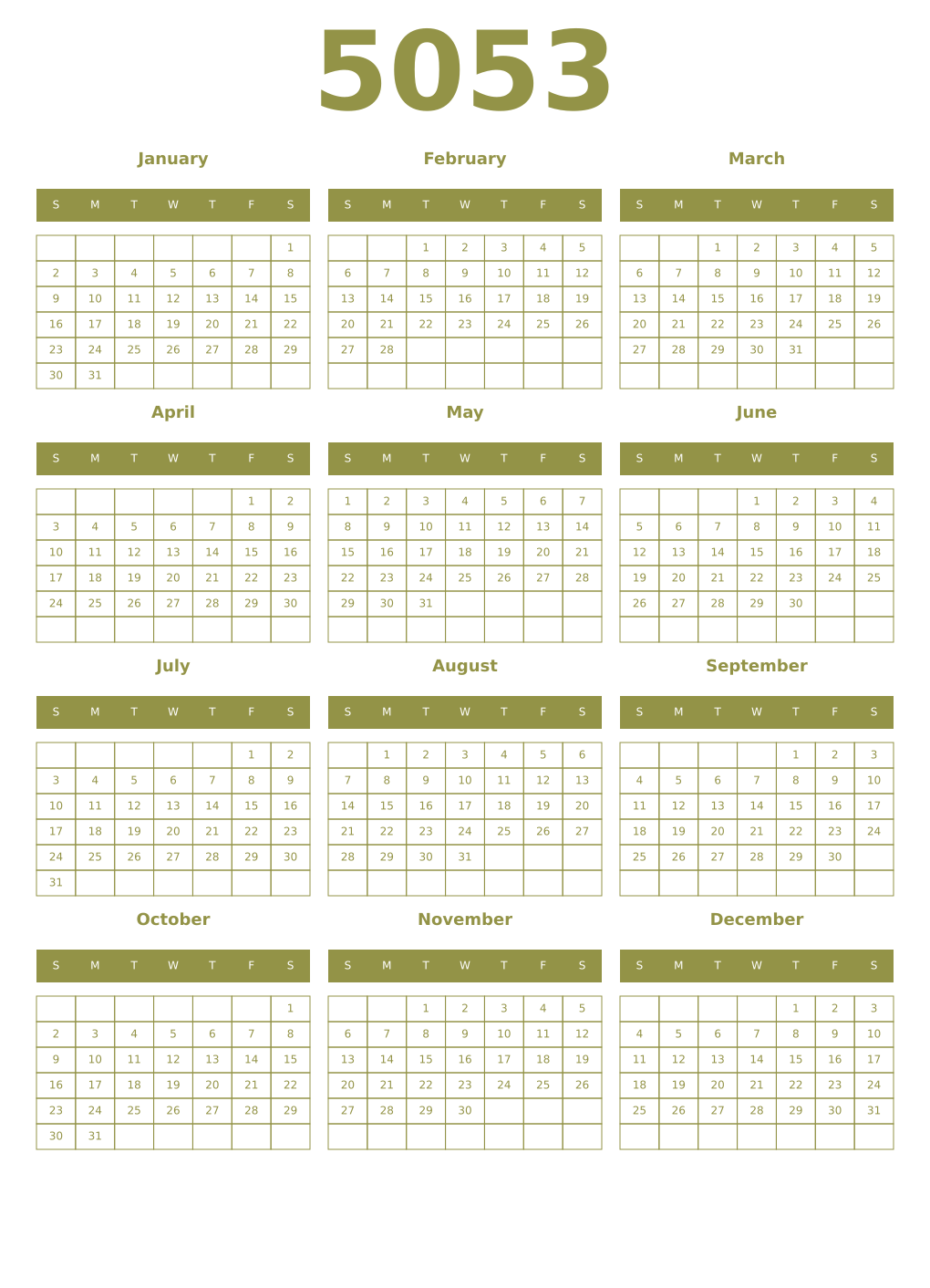 Printable 5053 Year Calendars eburnean