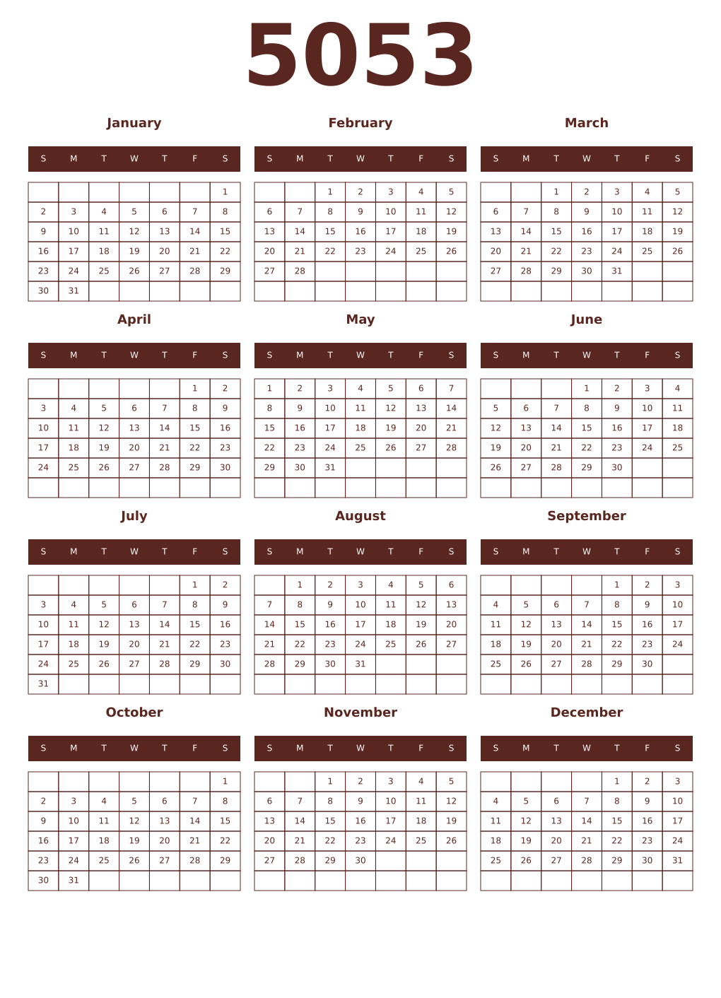 Printable 5053 Year Calendars mortuum