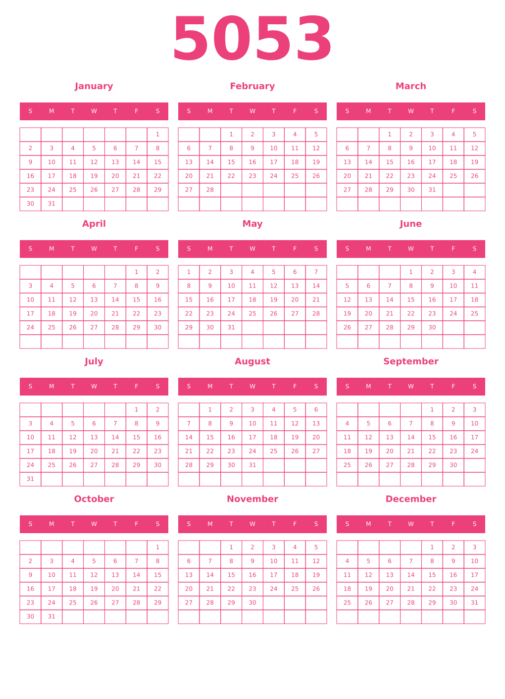 Printable 5053 Year Calendars pink
