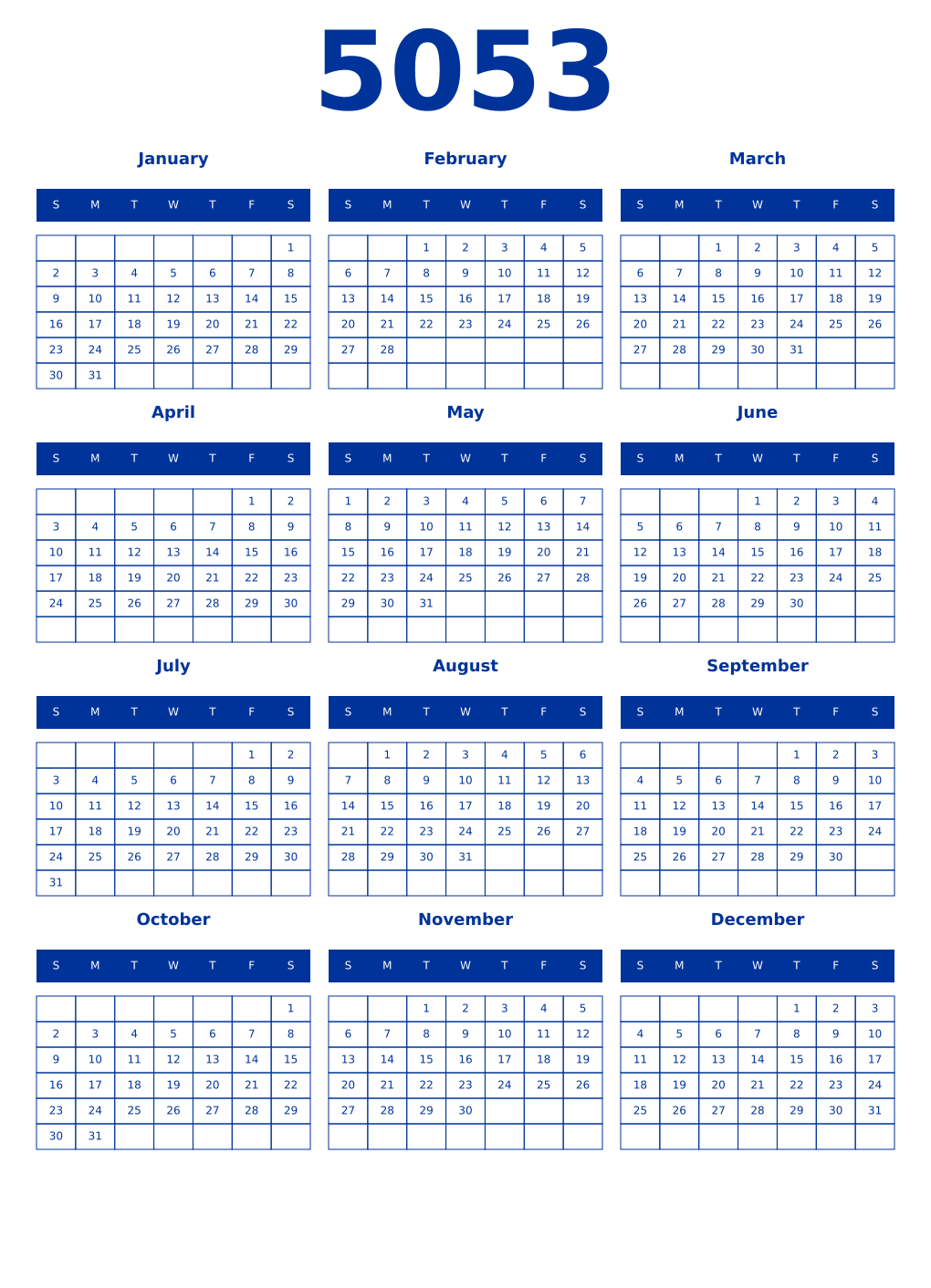 Printable 5053 Year Calendars smalt