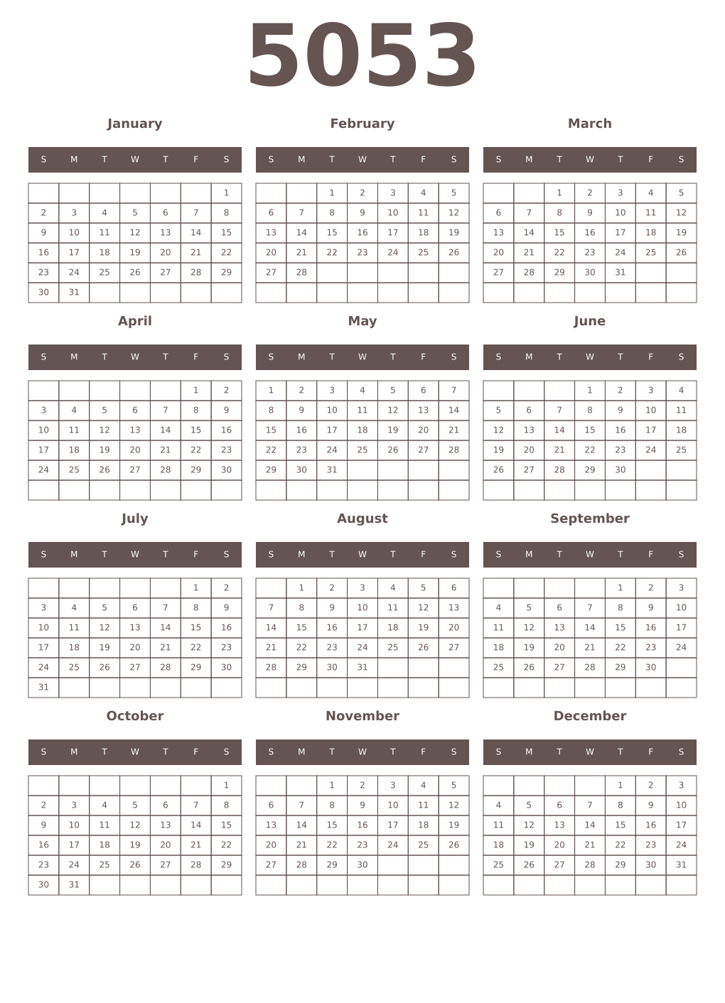 Printable 5053 Year Calendars wenge