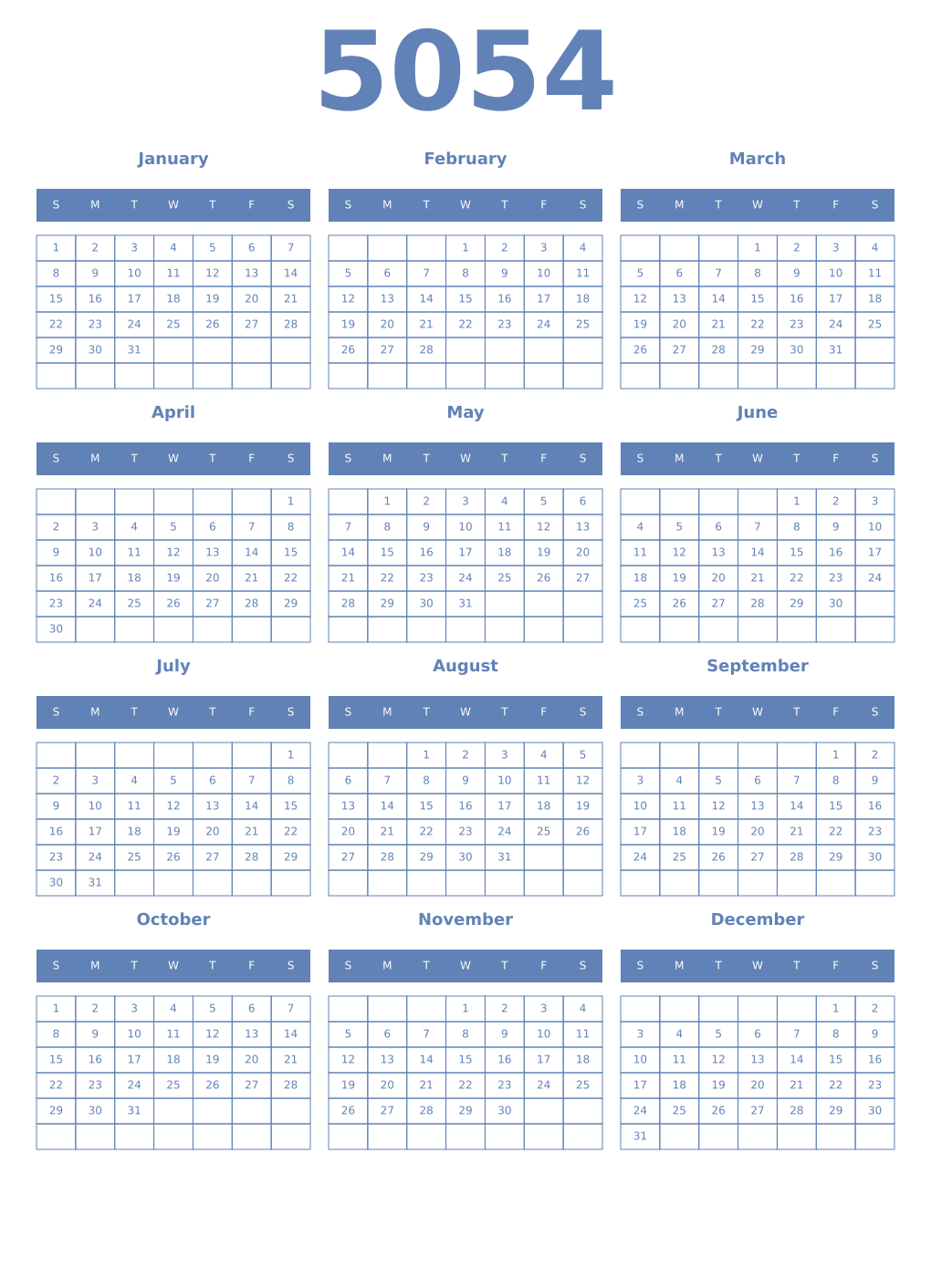 Printable 5054 Year Calendars glaucous