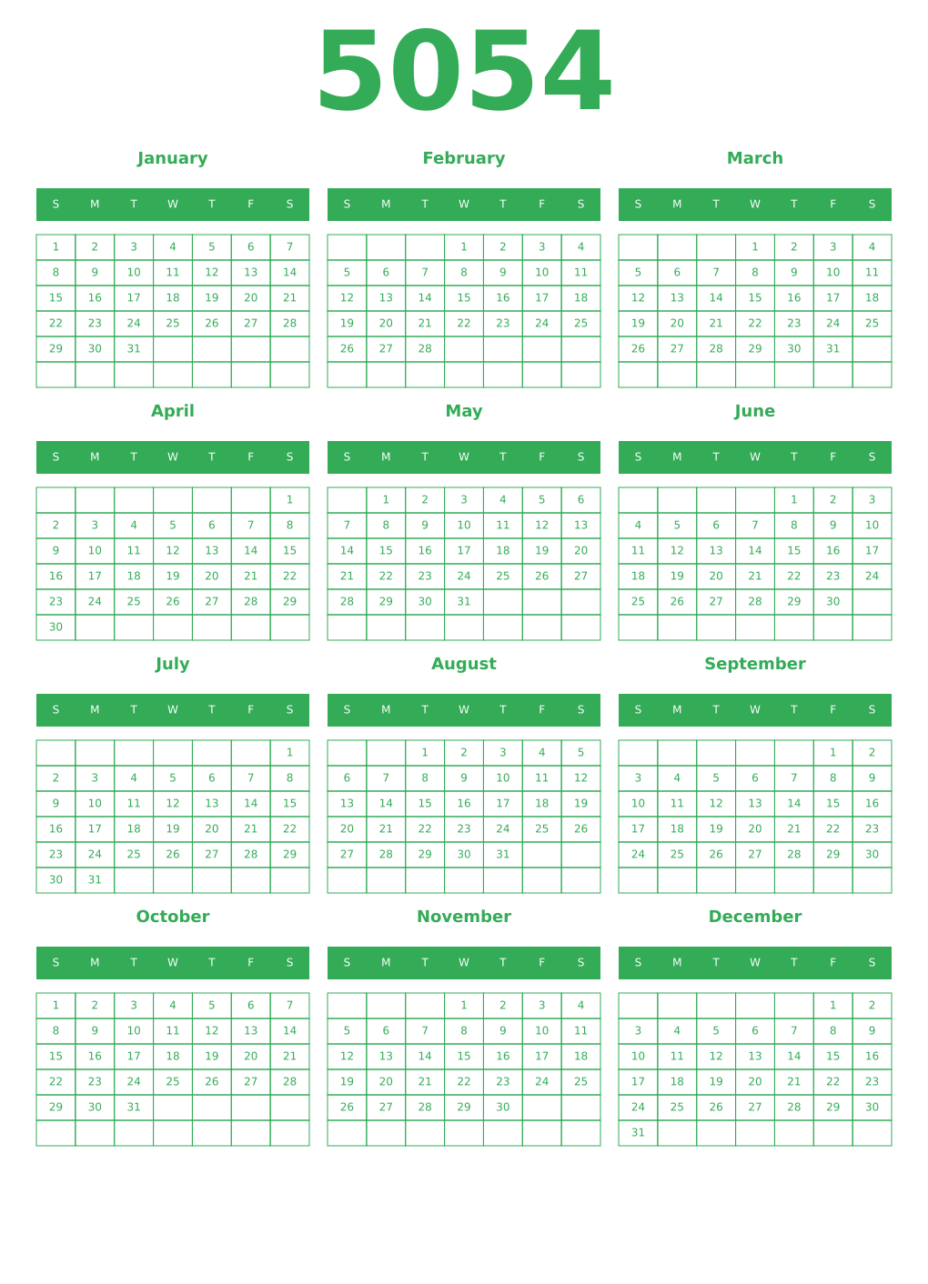 Printable 5054 Year Calendars green