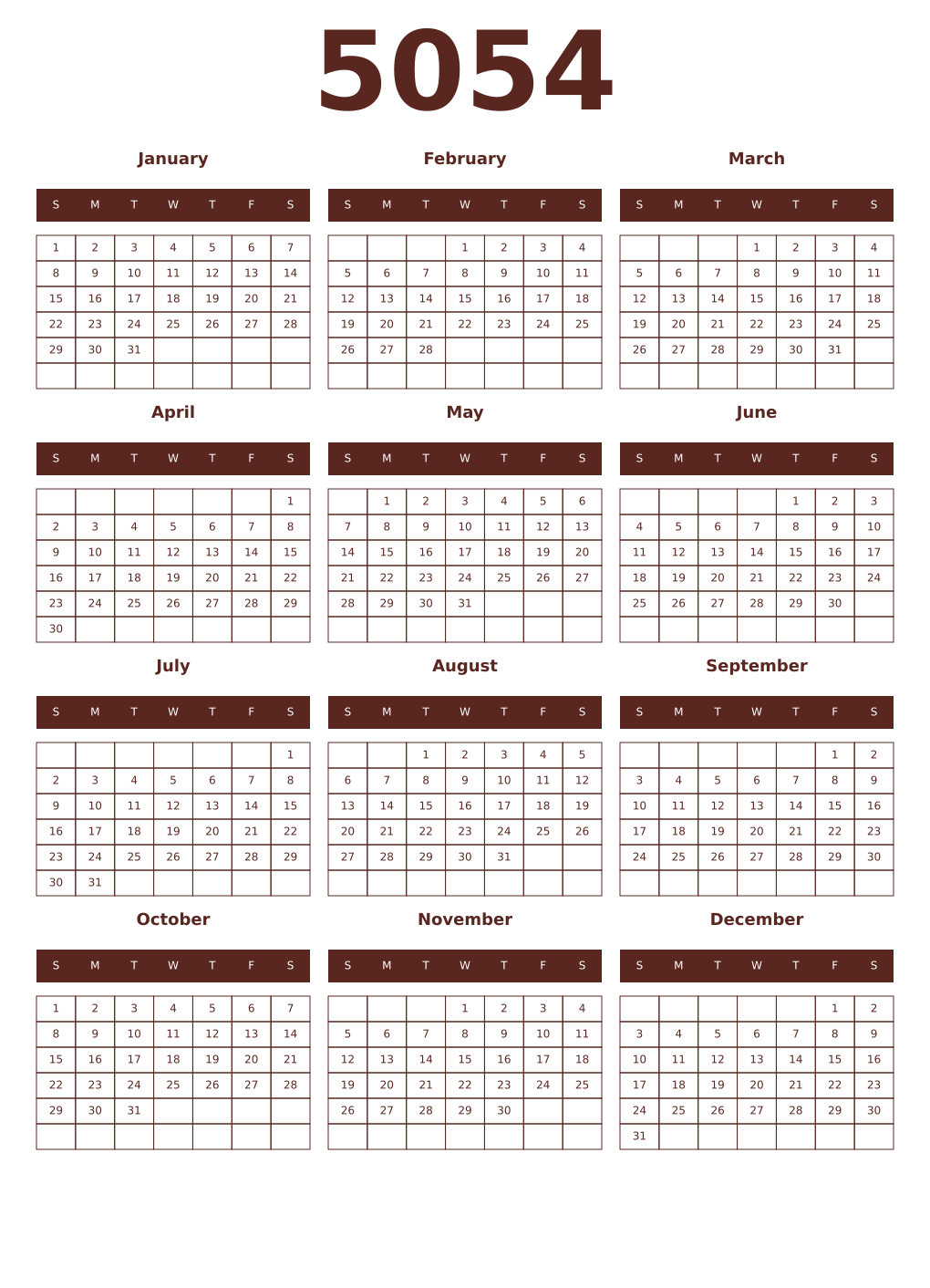 Printable 5054 Year Calendars mortuum