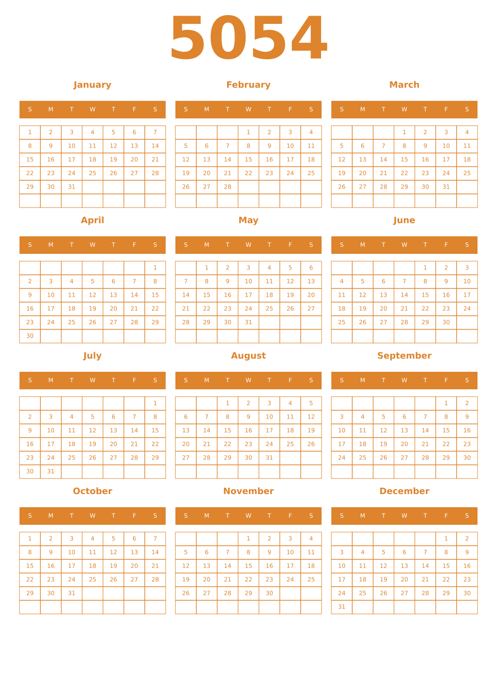 Printable 5054 Year Calendars orange