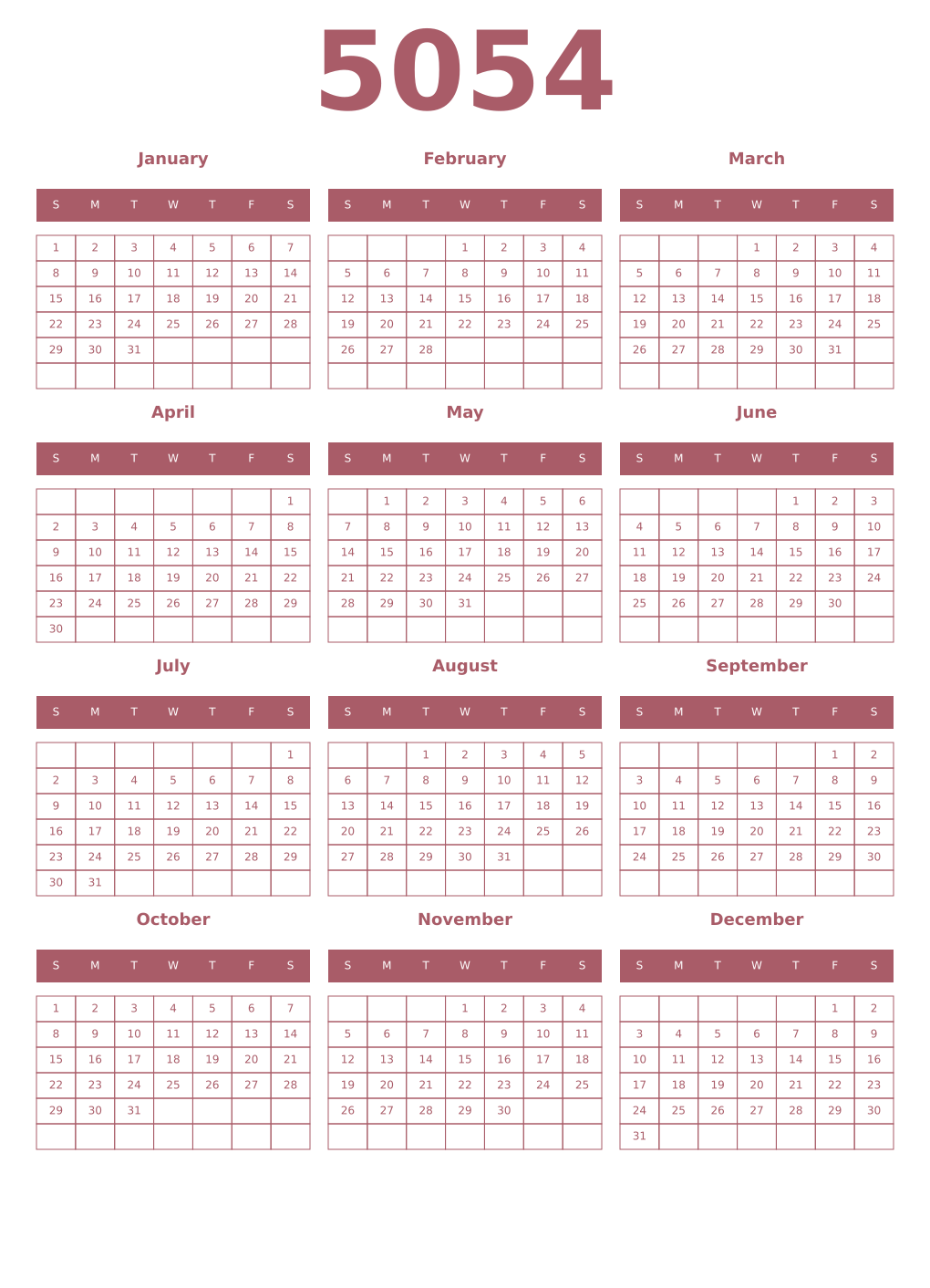 Printable 5054 Year Calendars puce