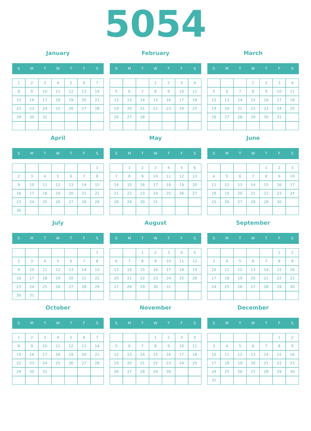 Printable 5054 Year Calendars verdigris