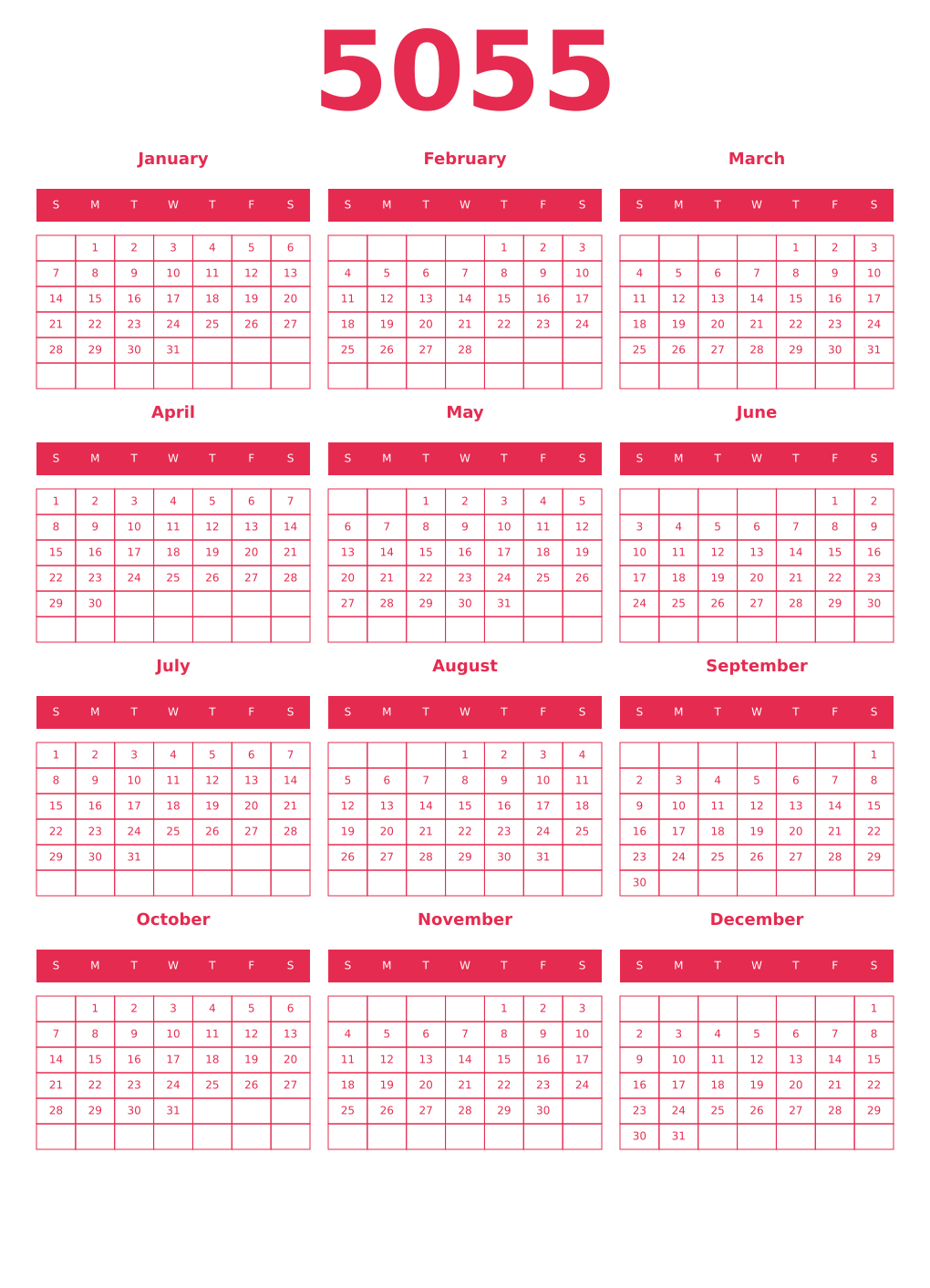 Printable 5055 Year Calendars amaranth