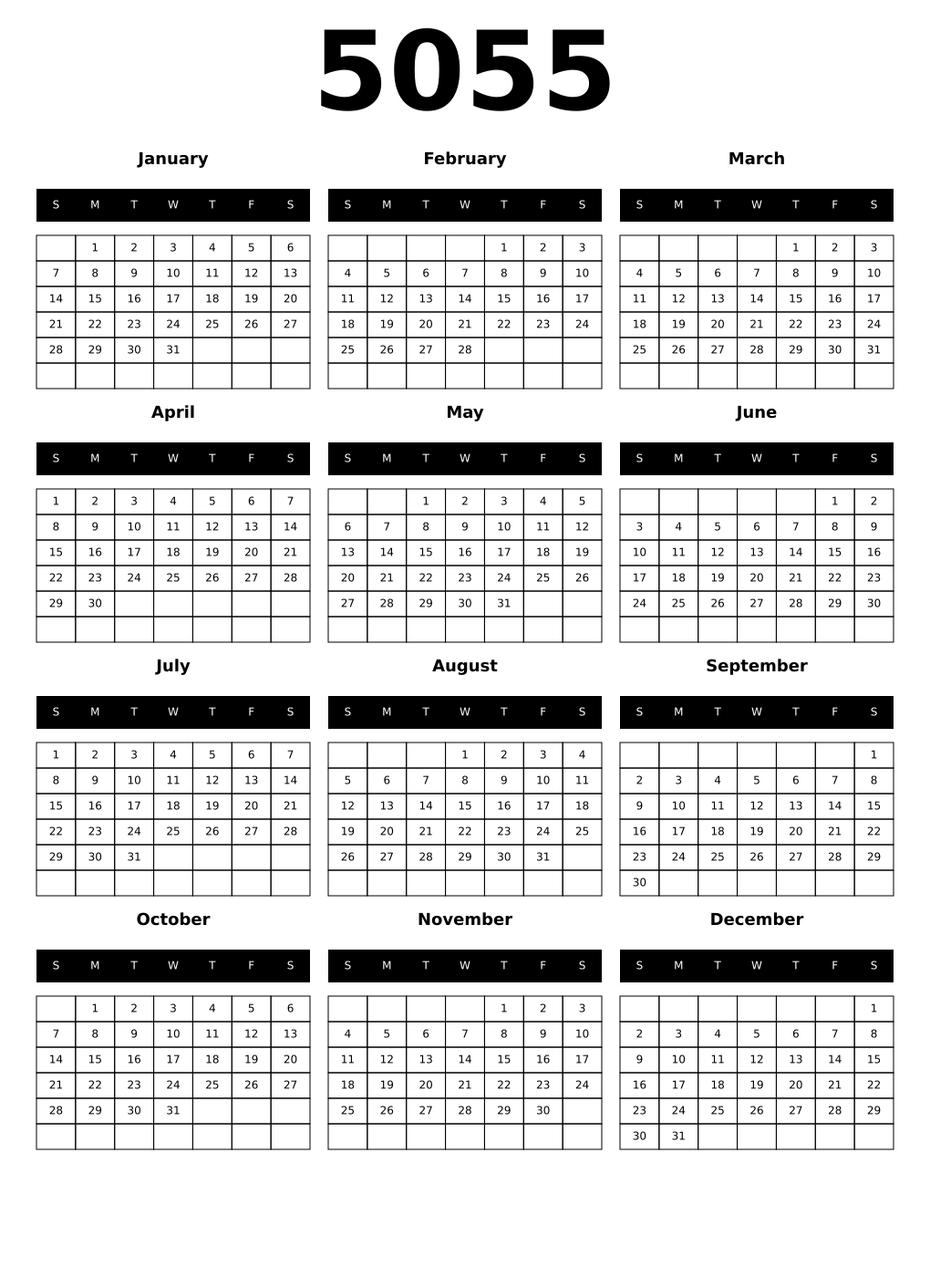 Printable 5055 Year Calendars black