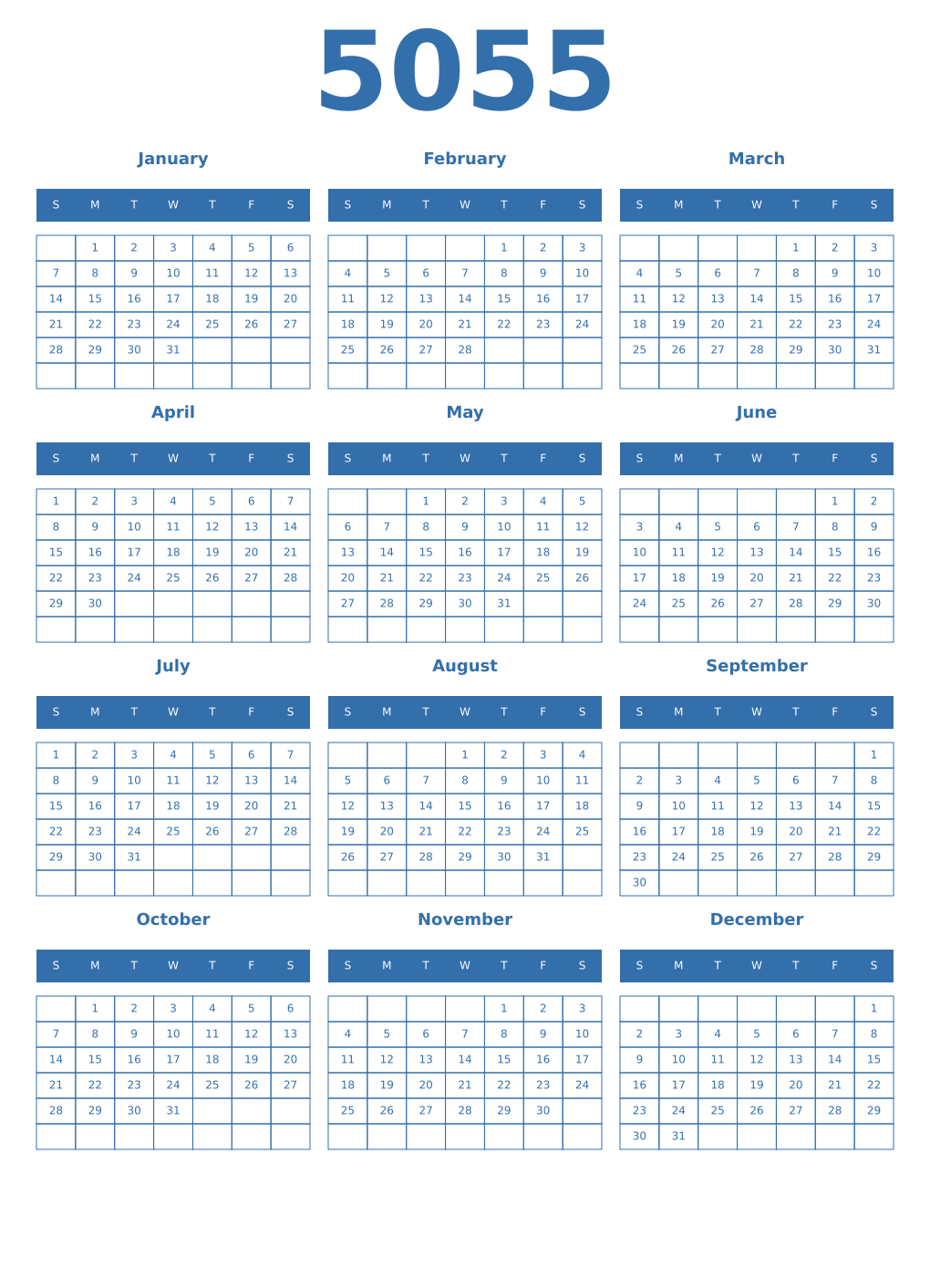 Printable 5055 Year Calendars blue