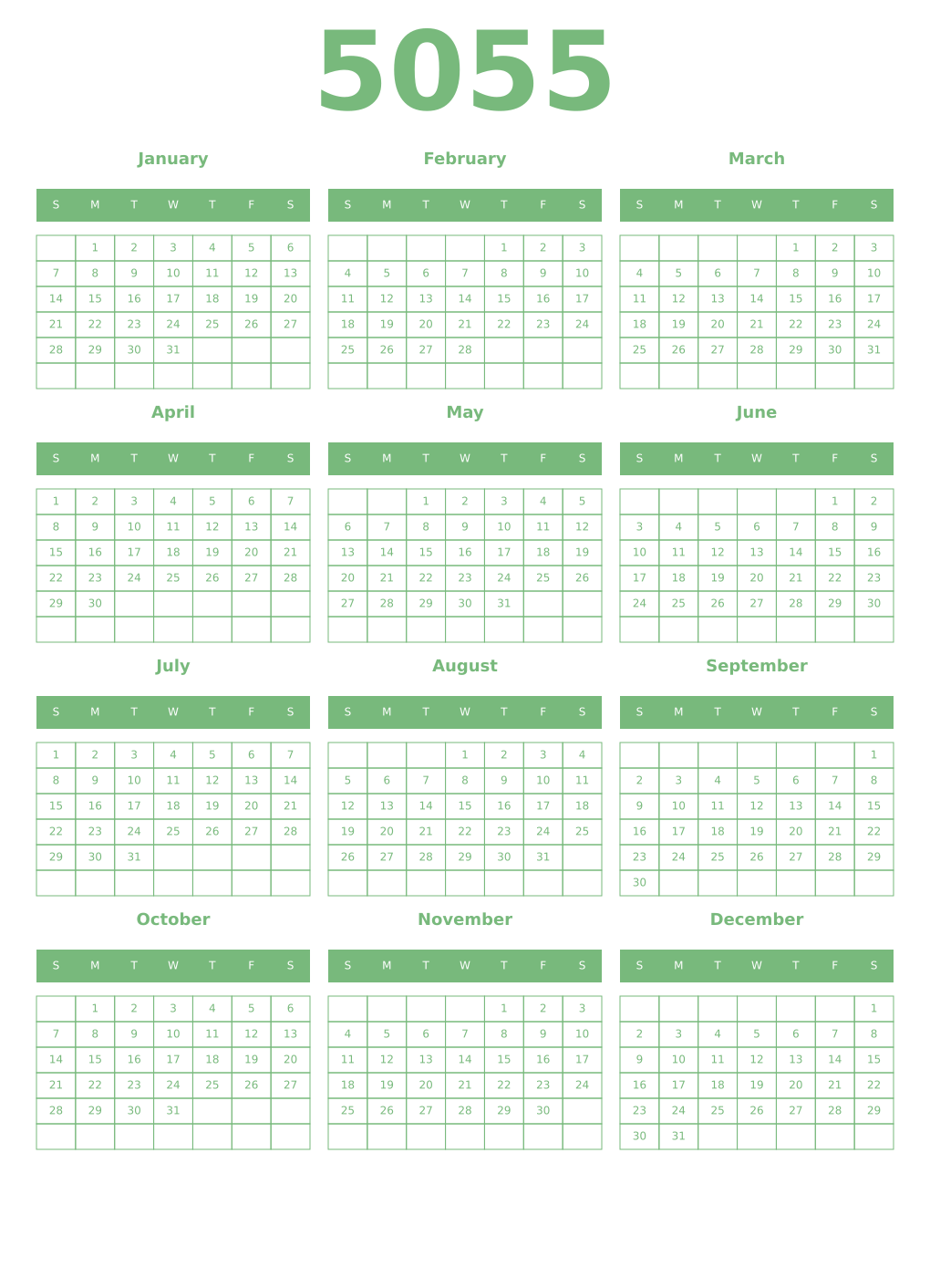 Printable 5055 Year Calendars celadon