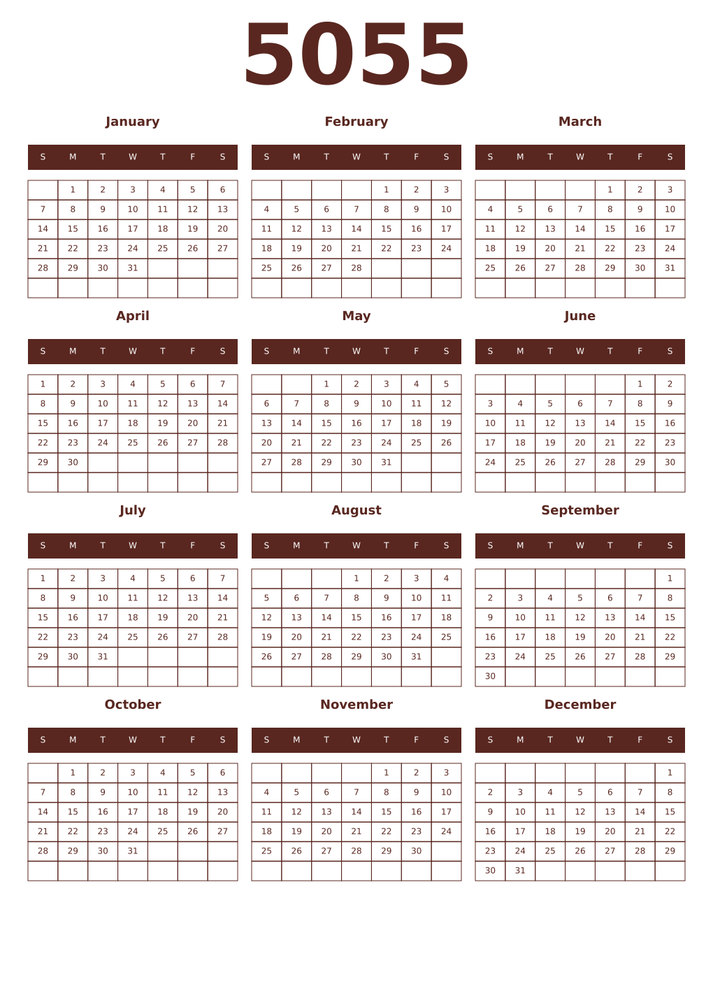 Printable 5055 Year Calendars mortuum