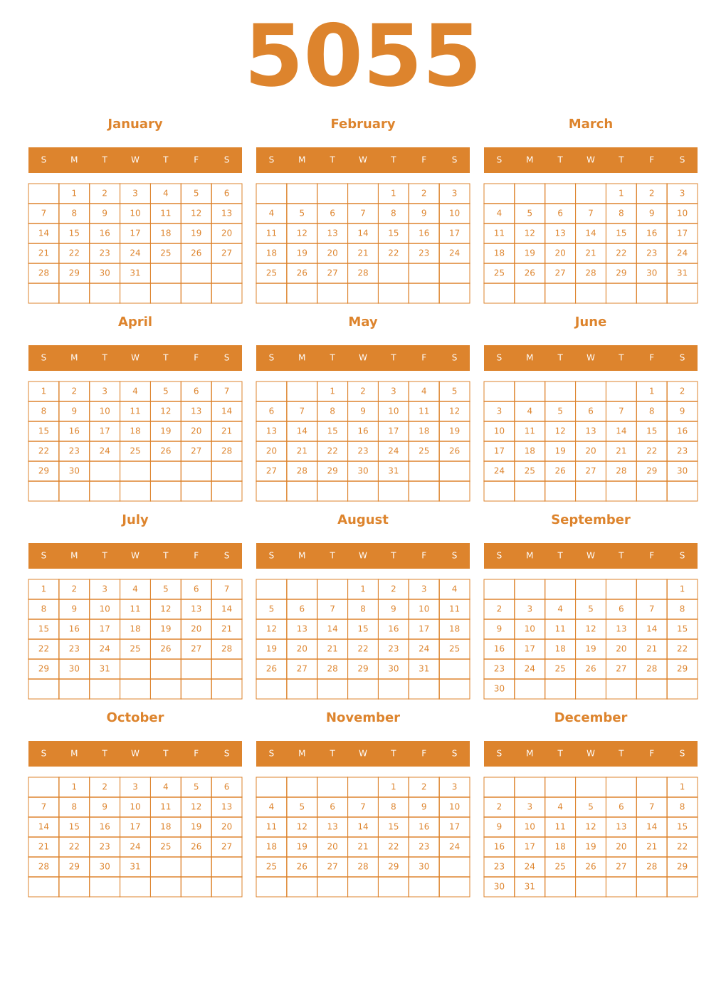 Printable 5055 Year Calendars orange