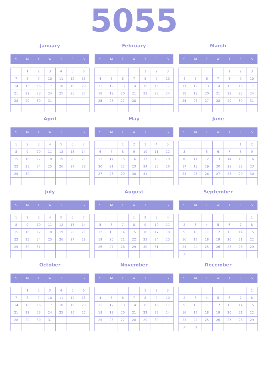 Printable 5055 Year Calendars periwinkle