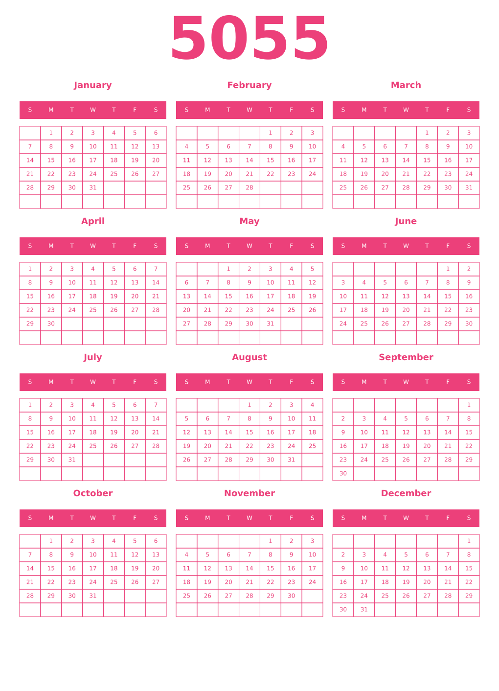 Printable 5055 Year Calendars pink