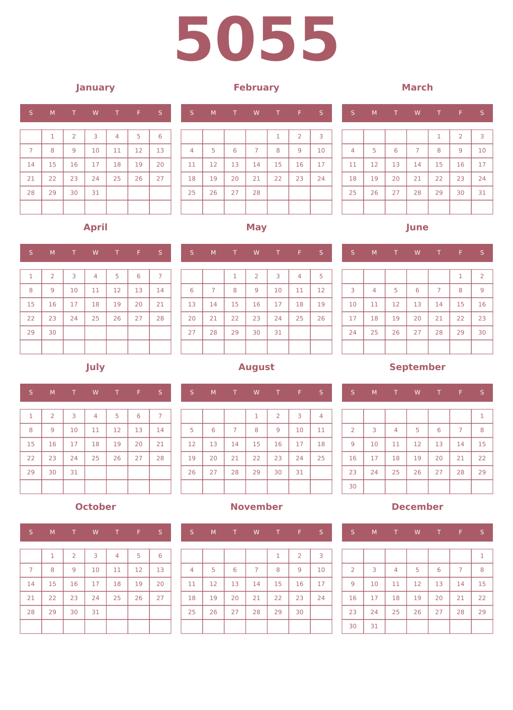 Printable 5055 Year Calendars puce