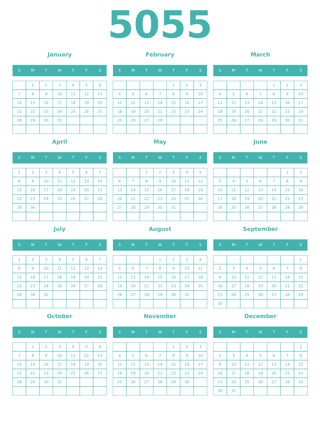 Printable 5055 Year Calendars verdigris