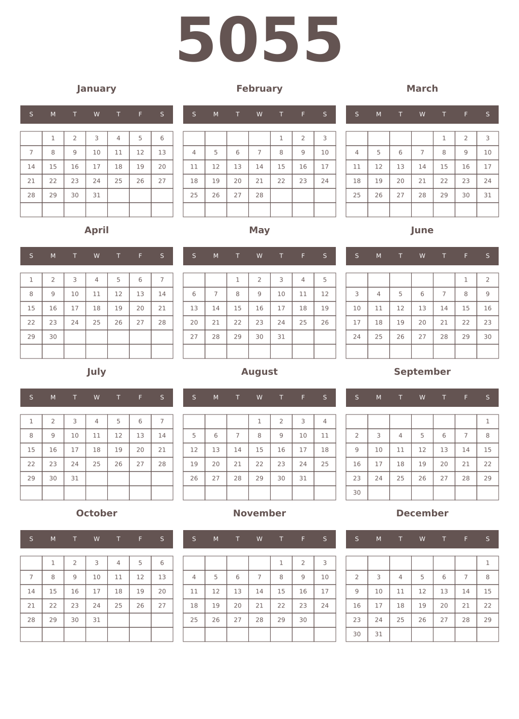 Printable 5055 Year Calendars wenge