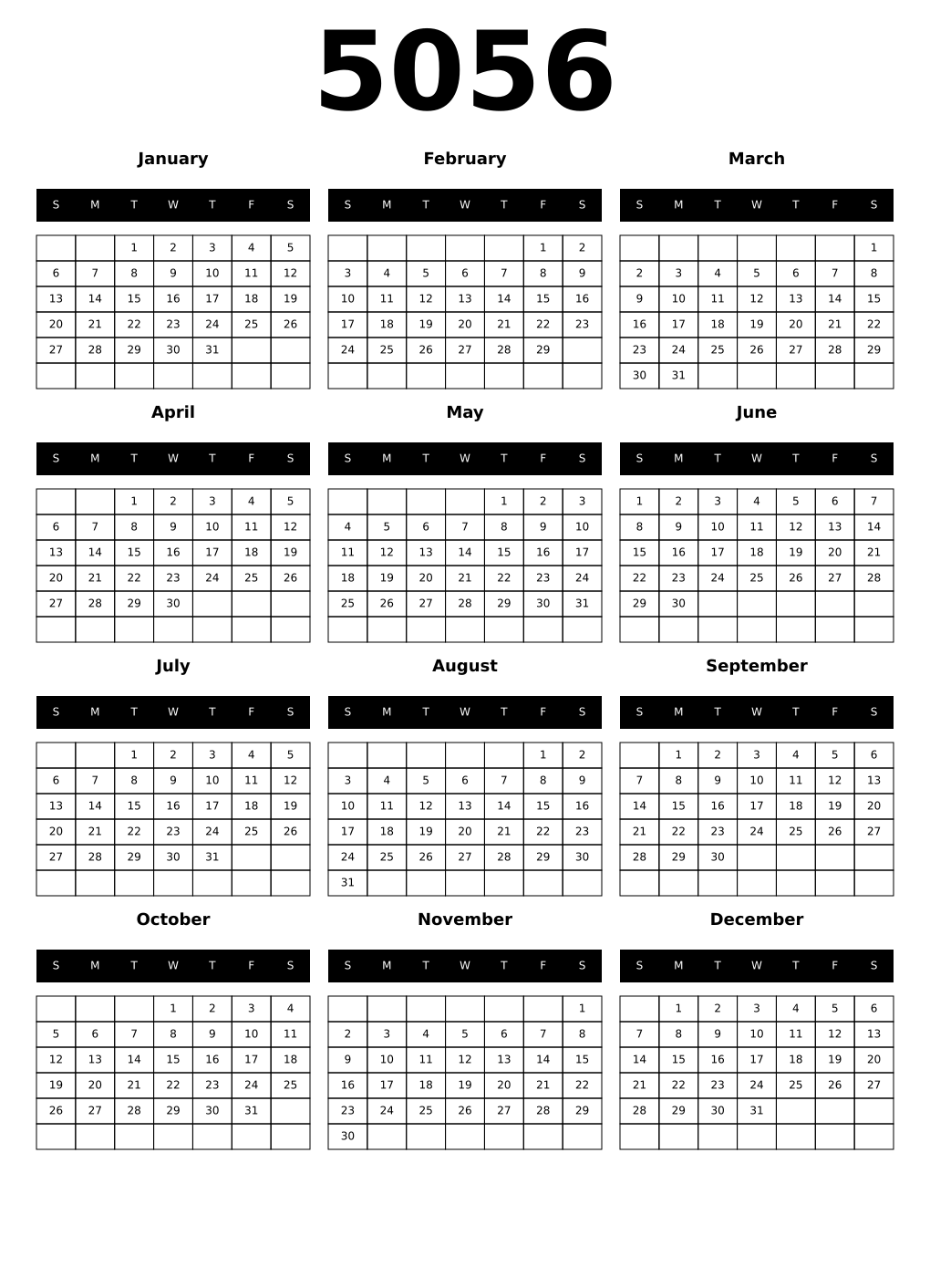 Printable 5056 Year Calendars black