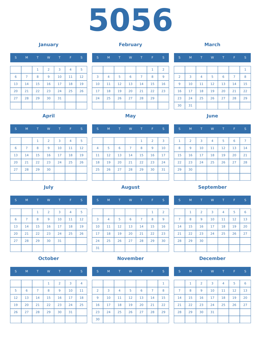 Printable 5056 Year Calendars blue