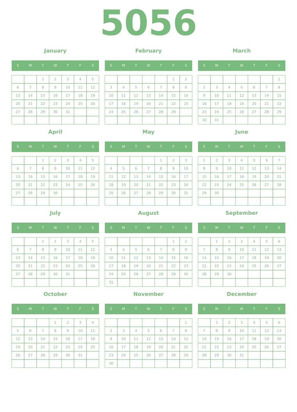 Printable 5056 Year Calendars celadon