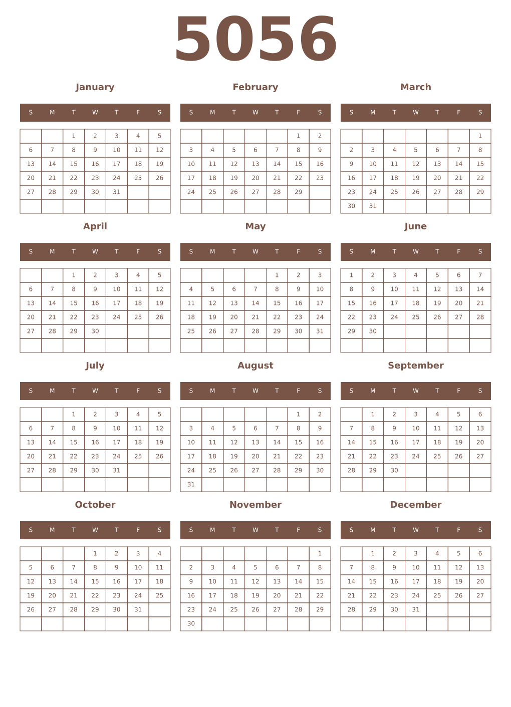 Printable 5056 Year Calendars coffe