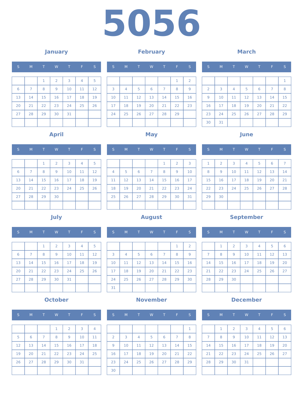 Printable 5056 Year Calendars glaucous