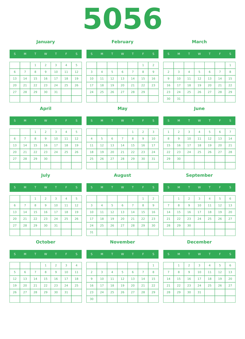 Printable 5056 Year Calendars green