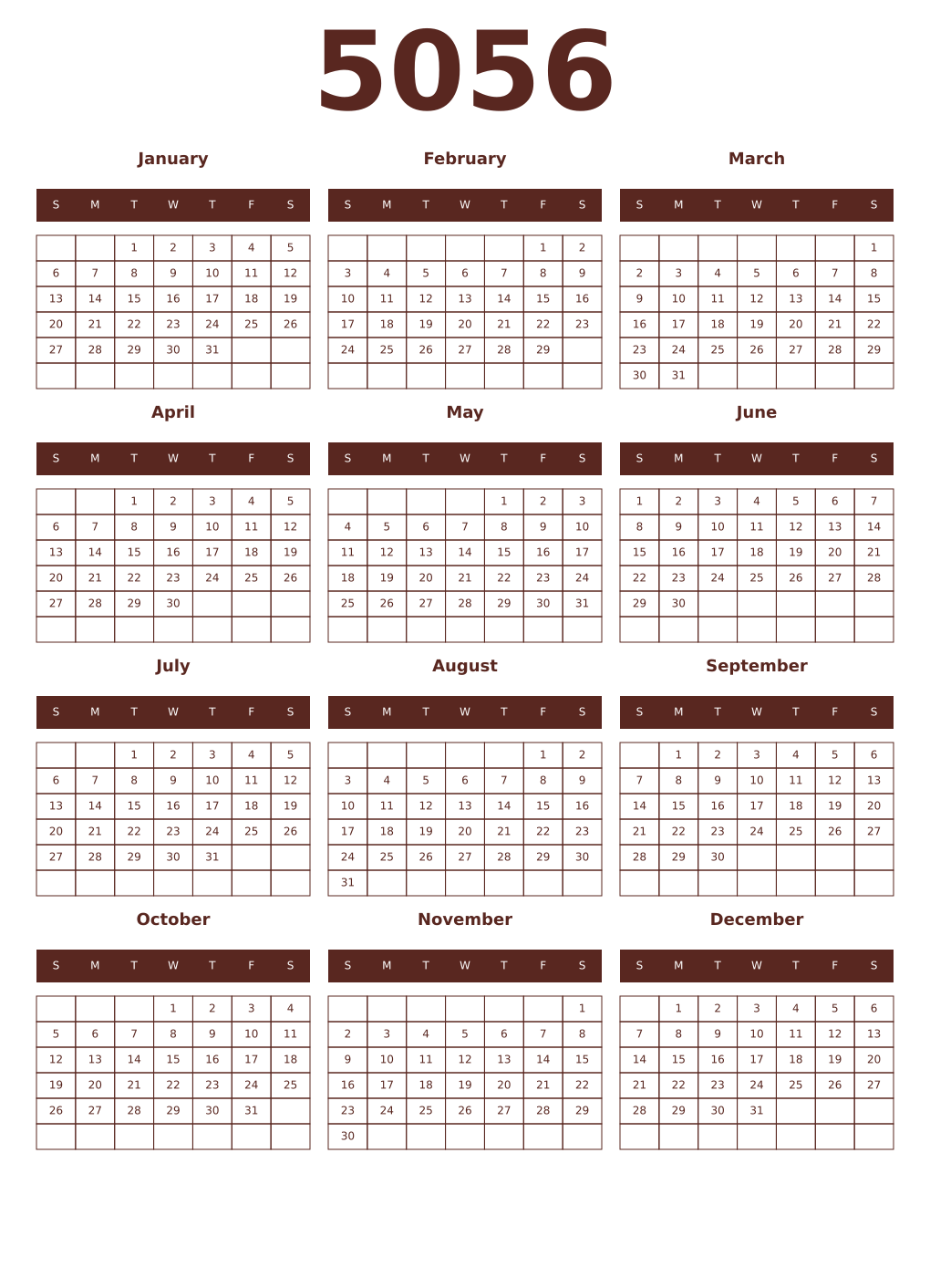 Printable 5056 Year Calendars mortuum