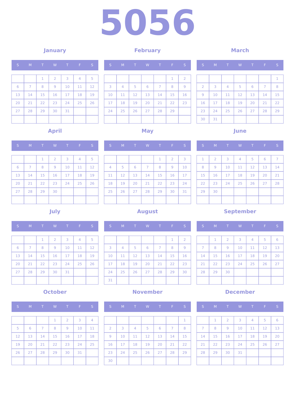 Printable 5056 Year Calendars periwinkle