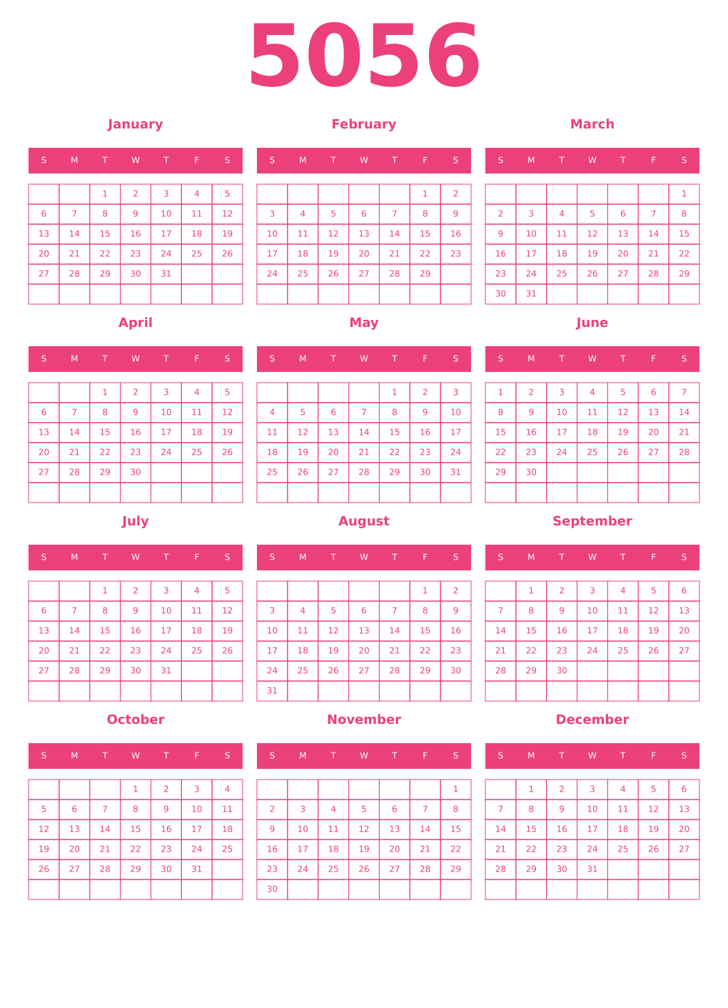 Printable 5056 Year Calendars pink