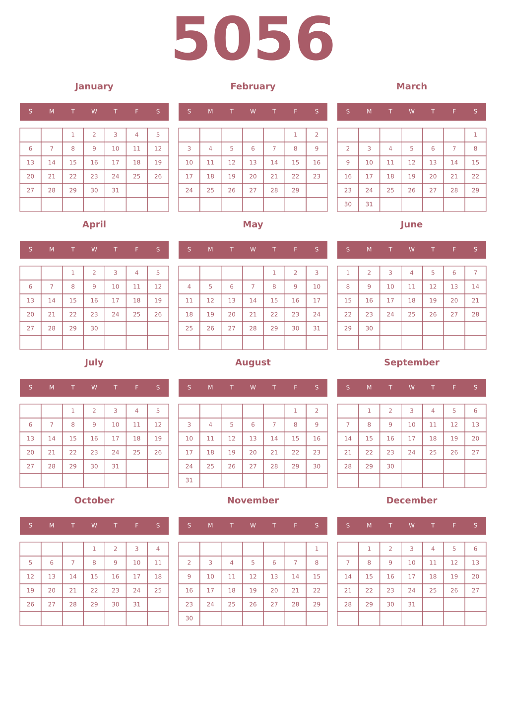 Printable 5056 Year Calendars puce
